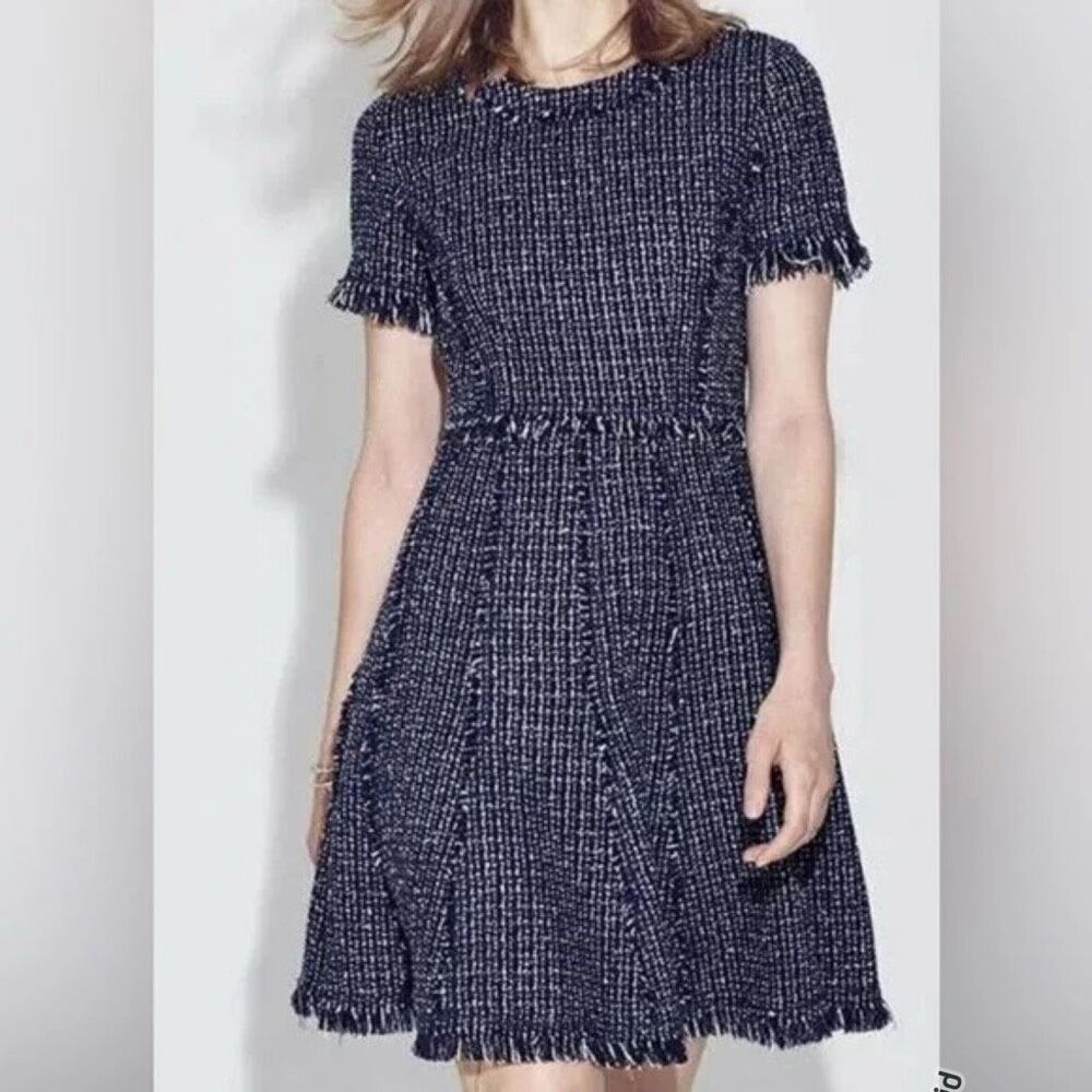 Eliza J Navy Blue White Tweed Fringe Dress Fit and Flare 2 Women